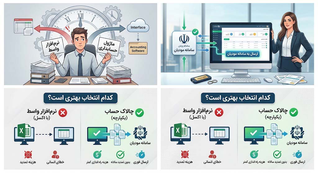 نرم افزار واسط سامانه مودیان یا نرم افزار حسابداری؟ کدام بهتر است؟